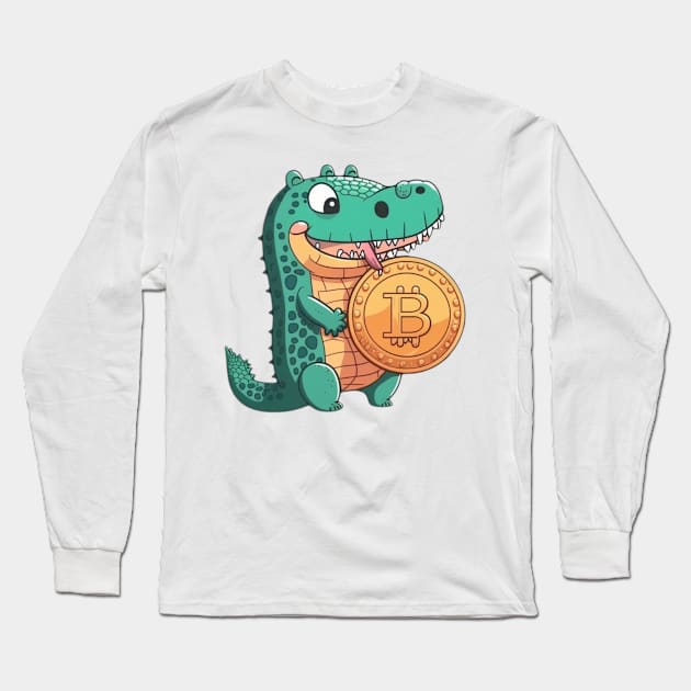 Cartoon Crocodile with a Bitcoin Coin Long Sleeve T-Shirt by DesginsDone